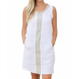 NEW ILINEN v-neck mini dress with gold stripe in white